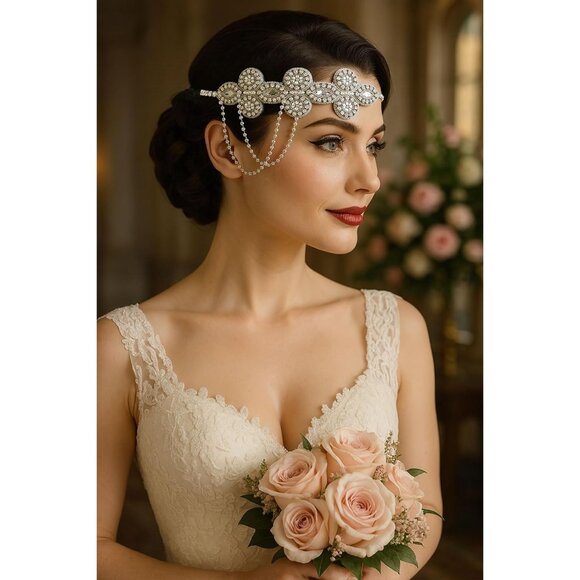 1920s Flapper Headband Silver Crystal Rhinestones Pearl Roaring 20s Gatsby - Picture 5 of 7